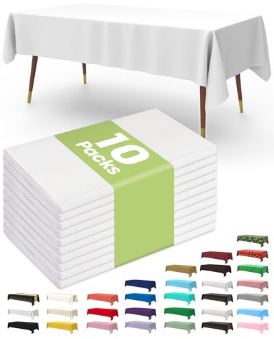 Pureegg Plastic Table Cloth 10 Pack, 54 x 108 Inch Disposable Table Cloths for Party, Picnic and Wedding, Rectangle, White