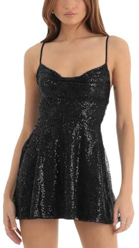 Yoisdtxc Women's Glitter Sequin Mini Dress Sparkly Backless Spaghetti Strap A Line Dress for Cocktail Beach Streetwear (Black, S)