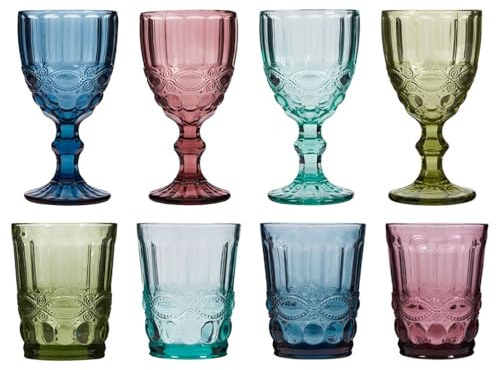 Dibor 8pc Wine Glasses & Tumblers Set of 4 Wine Goblets and Tumbler Glasses | Vintage Style, Dishwasher Safe, Embossed, Baroque, Coloured Glass, Alfresco Dining, Wine Glasses, Tumblers