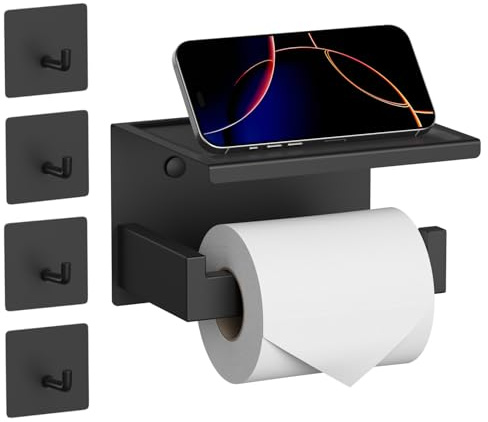 HITSLAM Porte Rouleau Papier Toilette Auto-adhésif avec Tablette, Support Papier Toilette Mural avec 4 Crochets pour Salle de Bain, Derouleur Papier Toilette WC sans Percage - Noir Mat