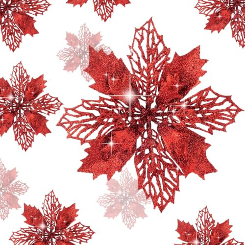 Lot De 15 Fleurs De Noël Artificielles Pour Sapin De Noël, Fleurs De Poinsettia De Paillettes De Noël, Déco Noël Fleurs, Fleur De Noel, Fleurs Artificielles Noel, Decoration Sapin Noel (Rouge)