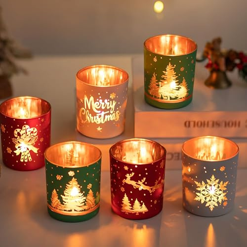 Glasseam Christmas Votive Candle Holders: Glass Tealight Candle Holder Set of 6 Tea Candle Holder for Jar Candles Red Green White Candle Holders for Table Centerpiece Home Xmas Party Decorations Gifts