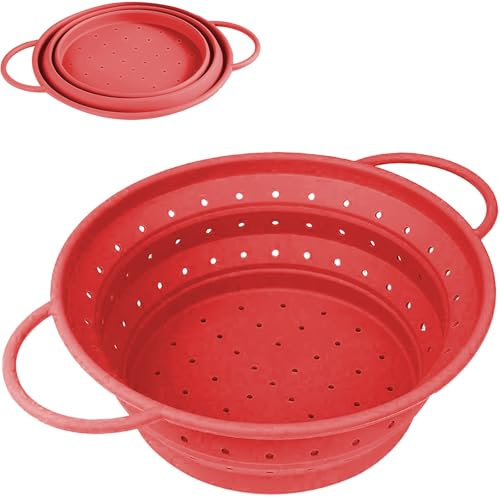 RHAFAYRE Scolini per pasta pieghevoli, scolapasta in silicone con manici, cestello scolapasta per scolare pasta, verdure, frutta e fagioli, medio, rosso