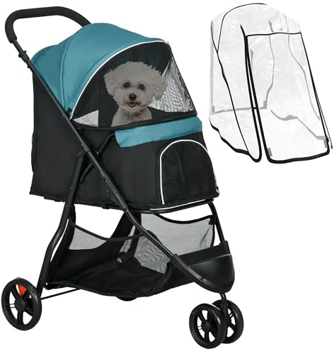 PawHut Passeggino per Cani Piccoli e Mini a 3 Ruote, Passeggino per Animali Pieghevole con Copertura Antipioggia, Cestino e Guinzaglio, Verde Scuro