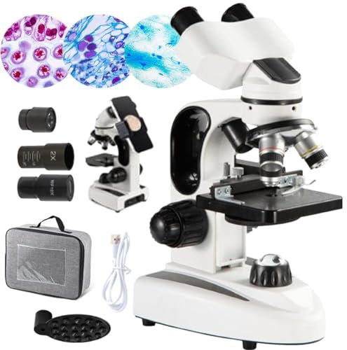 Microscopio Composto Binoculare, Microscopio Con Ingrandimento 40-2000x Con Doppia Illuminazione A Led, Tavolino Meccanico, Microscopio Binoculare Biologico Per Laboratorio Scolastico,White