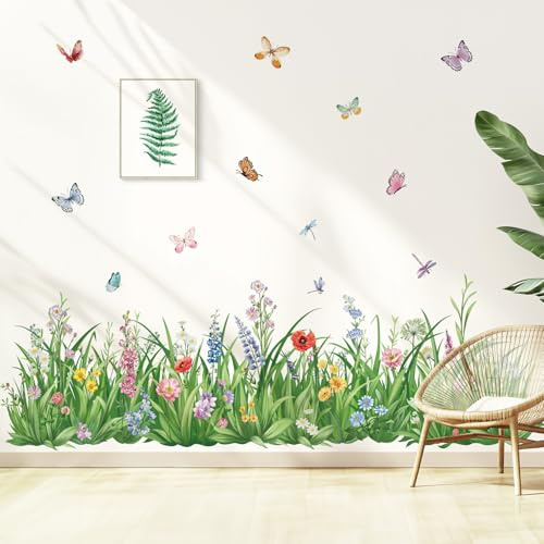 wondever Green Grass Wall Decals Wildflower Butterfly Wall Corner Stickers | Peel and Stick, Removable, Wall Art Decals, Wall Decoration, Living Room Bedroom, Office Sofa TV Home Wall Decor