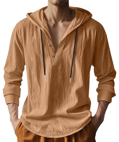 TRFIC Mens Cotton Linen Hoodies Long Sleeve Button Down Shirts Casual Hawaiian Beach Yoga Sweatshirts Dark Khaki