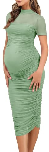 Dedysler Summer Mesh Formal Maternity Dress for Wedding Guest Baby Shower Short Sleeve Bodycon Midi Dresses for Women Mock Neck Ruched Bump Friendly Pregnancy Photoshoot Cocktail (Light Green M)