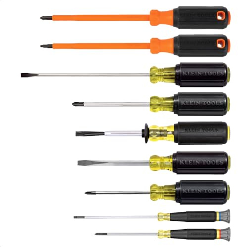 Klein Tools 85850 9-Piece Electrician Tool Set with (3) Phillips, (3) Slotted, (1) Screw-Holding Driver, (2) Insulated Drivers - Phillips and Square, Cushion-Grip Handle