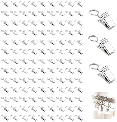 100 styck Gardinkrok, gardinfästen i rostfritt stål silver små klämmor rostfria stålkrokar ringar dekoration för hem dusch och fönster lätt att installera foto ljus