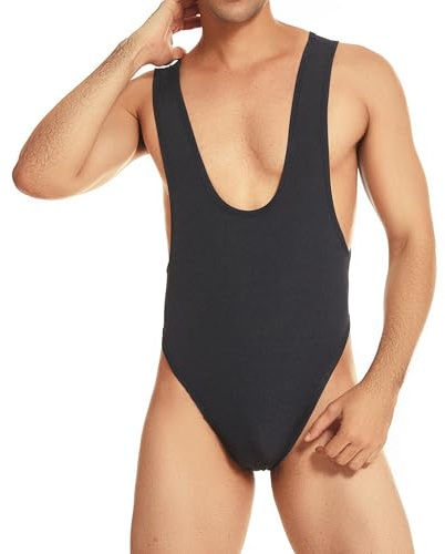 Drelaar Men's Sexy Backless Fitness Bikini Bodysuit Thongs One-Piece Leotard Jumpsuit Medium Black