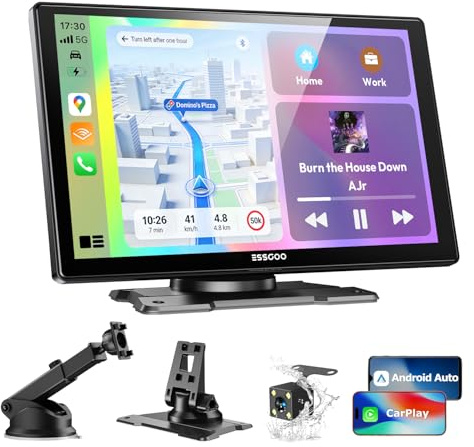 ESSGOO Carplay Android Auto Display mit Rückfahrkamera,9 Zoll Carplay Bildschirm für Apple/Android Auto/AirPlay/Mirror Link,Wireless Touchscreen GPS Navigation,mit Bluetooth5.3,AUX,FM,Sprachassistent