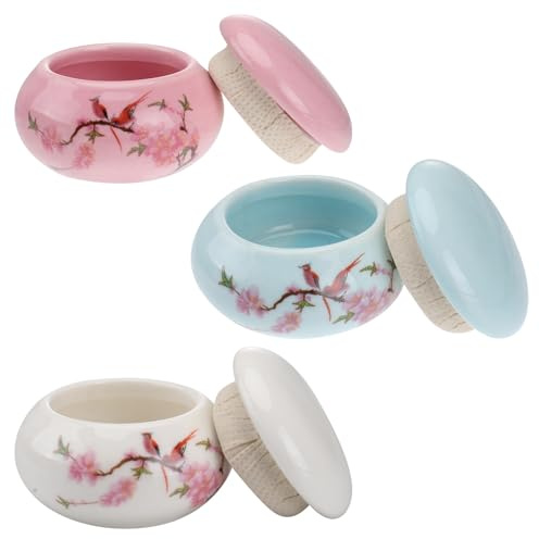 HAMPPLIES Lot de 3 Pots en Céramique Couvercle pour Rangement de Rouge à Lèvres et Poudre Mini Boîtes en Porcelaine Blanche Bleue et Rose pour Maison et Soins Personnels Faciles à