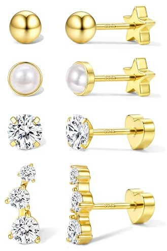 Morfetto 925 Sterling Silver Flat Back Earrings for Women Hypoallergenic 14K Gold Plated Stud Earrings Set Double Sided CZ Heart Bow Star Earring Stack Cartilage Tragus Helix Piercing Jewellery