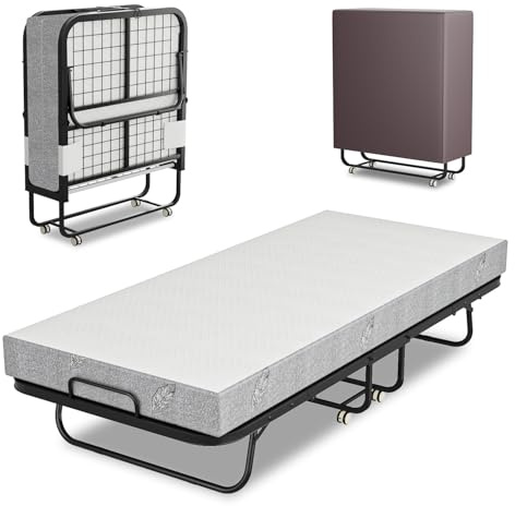 Eikuavons Klappbett 90x200cm, Klappbares Gästebett inkl. 13cm Schaumstoffmatratze und Schutzhülle, ohne Aufbau, Stabiler Metallklapprahmen, mit 4 Laufrollen, Belastbarkeit 200 kg