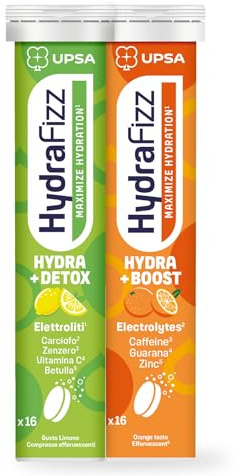UPSA Kit Detox e Ripartenza, Hydrafizz Detox 16 + Hydrafizz Boost 16 Compresse Effervescenti, Integratore Alimentare con Elettroliti, Carciofo, Zenzero, Caffeina e Guaranà, Gusto Limone e Arancia
