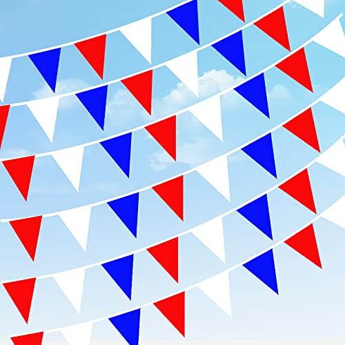 DOJoykey 200M Banderole en Tissu Nylon, 300pcs Rouge Bleu Blanc Couleurs Triangle Drapeaux Extérieur Fanion Bannière F, Célébrations de la Fête Nationale