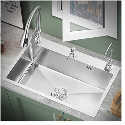 CAMBOS Kitchen Sink Stainless Steel Sink Kitchen Sink with Pull-Out Faucet Single-Bowl Washbasin 304 Stainless Steel Sink Undercounter Basin