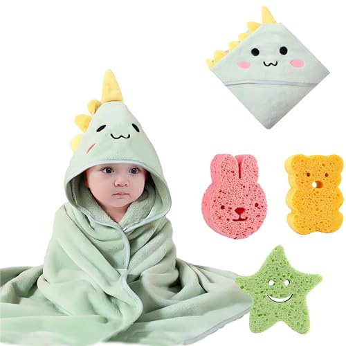 Asciugamani da Bagno Neonati con 3 Spugne da Doccia, Asciugamano con Cappuccio Extra Morbido per Bambino Piccoli, Accappatoio Super Assorbente con Simpatico Orecchie per Neonato 0-3 Anni (Verde)