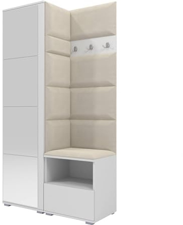 RAVIO Flurgarderobe 100 cm mit Kleiderschrank & Spiegel, Garderobenset Flur mit Schuhschrank, Sitzbank, Garderobenpaneel, Wandpolster & Push to Open Türen - Weiß/Wandpaneel Creme
