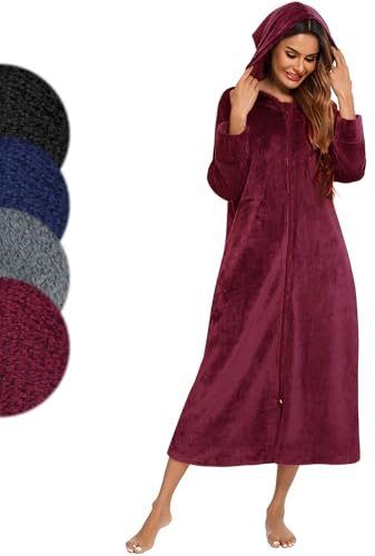 Figarge Badrock för kvinnor och män med dragkedja och huva, lång morgonrock, framfickor, basturock, flanell, badrock