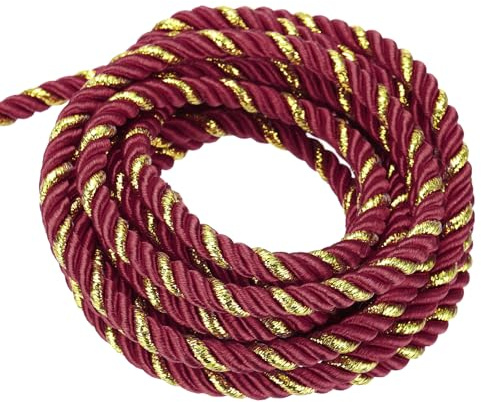 sourcing map Twisted Cord Trim, 16 Yard 5mm 3-Ply Twine Braided Rope Shiny Thread String for Craft Gift Bag Curtain Christmas Decor, Burgundy & Gold-15m