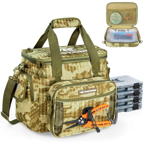KastKing BaitSpace Fishing Tackle Bag With 4 Tackle Boxes & Removable Bait Binder, Water-Resistant Tackle Storage, Durable Fishing Gear, Adjustable Shoulder Strap