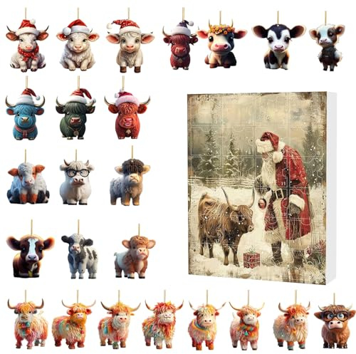 BRTNUP Highland Cow Christmas Advent Calendar 2025, 24 Pieces Acrylic Cow Advent Calendar, 24 Days Countdown Calendar Highland Cow Ornament Christmas Collectible Funny Cow Set