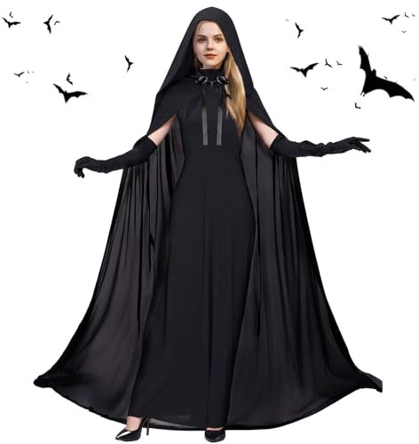 Halloween Kostüm Damen Geister- Geisterbraut Königin Kostüm Schwarze Böse Königin Umhang Abendkleid mit Kapuze, Horror Lange Vampir Kleid Hexen Schwarze Robe für Halloween Fasching Karneval Kostüm