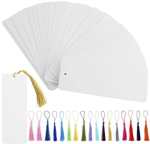 Lot de 62 marque-pages vierges avec 62 pompons colorés, marque-pages en papier pour bricolages avec trous, ensemble de marque-pages vierges pour étiquettes cadeaux DIY (Blanc, 14 x 5 cm)