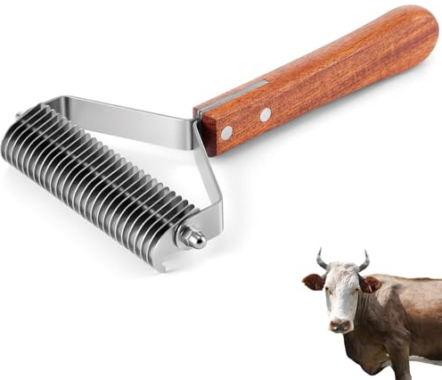 Abbylike Livestock Shedding Comb Grooming Dematting Brush Shedding Undercoat Rake for Cattle Horse Goat Cow Pets with 27 Stainless Steel Blades and Wood Handle