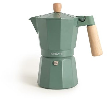 CREATE / THERA MOKA RETRO/Cafetière italienne vert sauge/Capacité de 9 tasses, aluminium, 450 ml, soupape de sécurité, compatible avec cuisinières à gaz, électriques ou vitrocéramiques