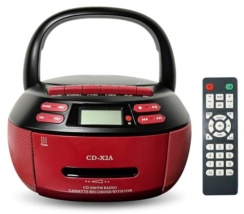 Boombox Portatile con Lettore di Cassette CD Combinato, Registratore a Cassette con Telecomando, Radio Am FM, Riproduzione USB con Jack per Auricolari, Altoparlante Bluetooth da 5,1 V Red