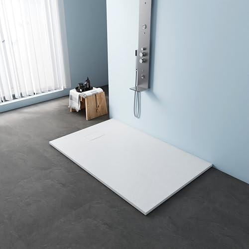 MEDUNJESS Receveur de douche plat 140 x 90 cm en SMC antidérapant - Aspect ardoise - 26 mm - Receveur de douche découpable avec couvercle en SMC - Diamètre 90 mm - Ouverture d'écoulement - Blanc (sans