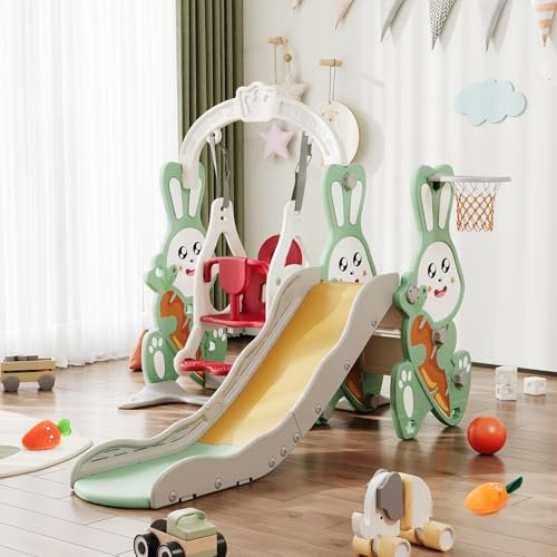 QMTXBYJ Kinder Rutsche, Kinderrutsche 4 in 1 mit Basketballkorb,Klettern,Schaukel, Freistehende Rutschen mit Schaukel, Indoor Kunststoffrutschen Set,Montessori Spielplatz für drinnen und draußen
