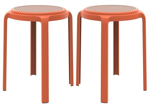 LeisureMod Tresse Mid-Century Modern Round Plastic Dining Stool Set of 2, Stackable Accent Stools with Breathable Seat, Lightweight Seating for Kitchen, Dining Room, Bedroom, or Entryway (Orange)