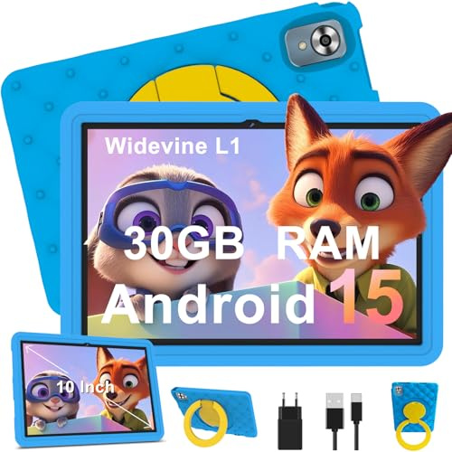DMOAO Tablette Enfants 10 Pouces Android 15 avec 30Go RAM (TF 2To), 5G WI-FI 6, Widevine L1, Contrôle Parental, 8-Core, Tablette Tactile avec Coque Antichoc EVA + Support Rotatif à 360°, Bleu
