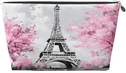Ginfult Trousse per trucchi con fiori di ciliegio rosa e torre Eiffel, impermeabile, piccola trousse portatile per cosmetici da viaggio per donne e ragazze
