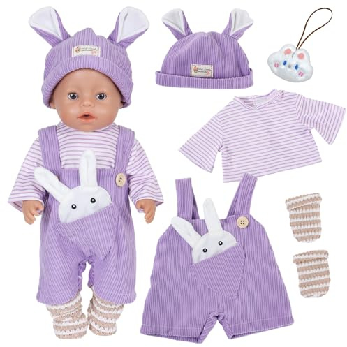 5 stycken lila dockkläder för 35–43 cm docka, söta babydockkläder kläder 1 lila kaninoverall + 1 topp + 1 kaninöronmössa + 1 strumpor + 1 kaninhänge för 16–18 tum, docktillbehör gåva barn