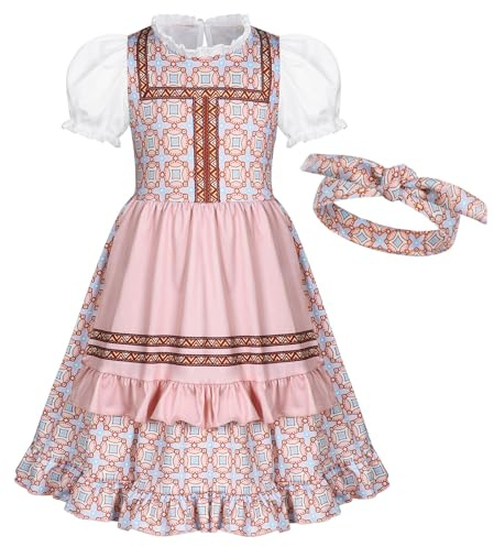 Marendyee Girls Vintage Floral German Dirndl Dress for Kids with Headband | Children's Bavarian Party Dress with Non-Detachable Apron and Lace Stand-Up Collar,Puff Sleeves,Ruffled Trim,Polyester