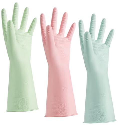 AOOPOO 3 Paia Guanti da Cucina In Gomma per Lavare Piatti con Impugnatura Antiscivolo, Guanti da Pulizia Riutilizzabili, Impermeabili e Colorati per Lavare Piatti In Cucina e Pulizie Domestiche