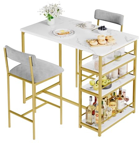 GarveeMore Ensemble Table de Bar 1 Table + 2 Tabourets, Table Haute Mange-Debout avec Rangement, Plateau Marbre Doré, Assise Velours Gris, Structure MDF et Métal, pour Cuisine et Salon