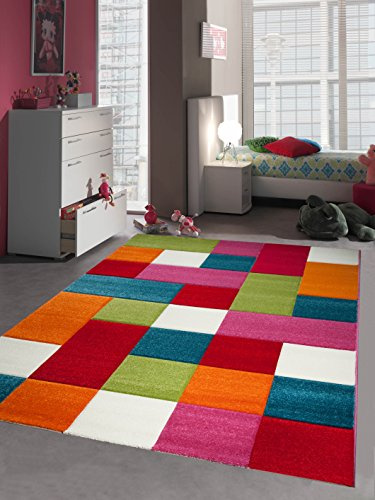 CARPETIA Kinderteppich Kinderzimmerteppich Kinderzimmer Teppich Karo bunt türkis orange Weiss rot pink Größe 80x150 cm