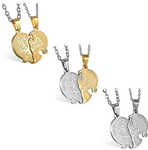 JewelryWe Valentinstag Schmuck 6 Freundschaftsketten, Personalisierte Edelstahl Herz Partner-Anhänger Halskette mit Gravur Love You Baum des Lebens, Paar Anhänger Kette für Damen Herren, Gold Silber