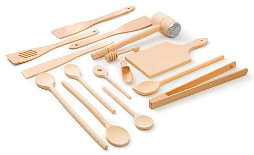 Küchenhelfer Set Holz Buche (6x Kochlöffel, 4x Pfannenwender, Honiglöffel, Grillzange, Schneidebrett, Fleischhammer, Gewürzlöffel)