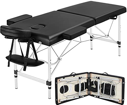 Yaheetech Massage Tables Portable Massage Bed Aluminium Height Adjustable Facial Salon Tattoo Bed with Non-Woven Bag, 22 inch Width Black