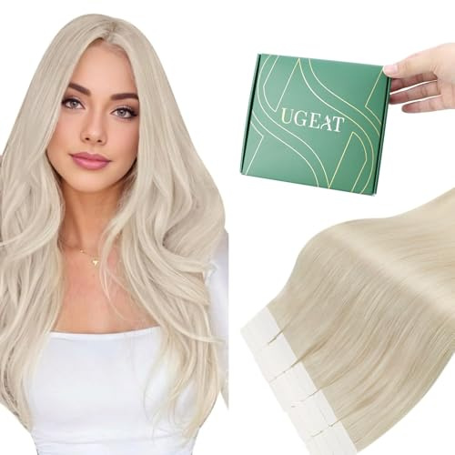 Ugeat Tape Extensions Echthaar Blond Echthaar Extensions Tape in Platinblond Invisible Haarverlängerungen Echt Haar Tape-in Blond 35 cm 20 Stück 40g 60A