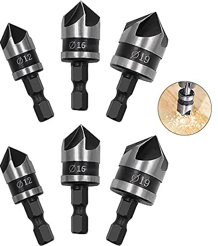 6 Pièces Fraise à Chanfreiner 90 Degrés, 5 Flûte Fraise à Chanfreiner, Foret à Chanfreiner en Acier au Carbone, Tête à Chanfreiner Outils, pour Perçage et Chanfreinage (12 mm, 16 mm, 19 mm)