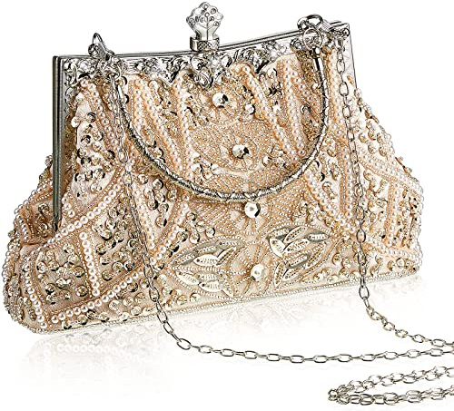 Amylove 1920s Vintage Beaded Clutch Evening Bags for Women Bride Wedding Guests Gift Purse Graduation Prom Party Clutch, Champagne
