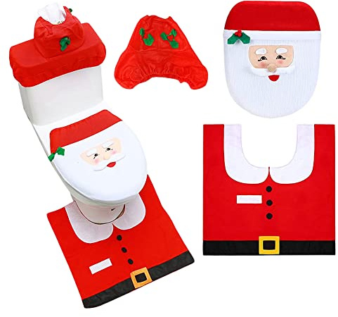 Asiento de Inodoro de Papá Noel, Cubierta de Inodoro de Navidad y Cubierta de Inodoro Cubierta de Cisterna Alfombra Cojín de Felpa, Set de Decoración de Baño de Navidad